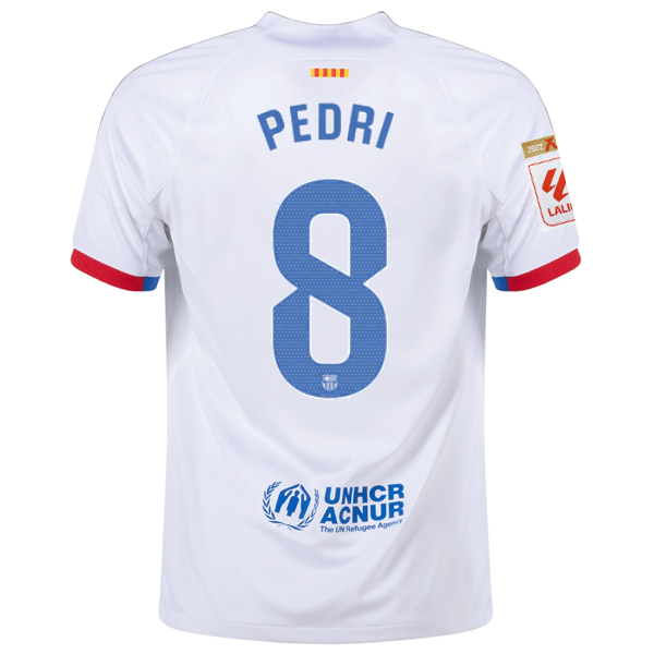 Nike Barcelona Pedri Away Jersey w/ La Liga Champions Patches 23/24 (White/Royal Blue) | SoccerWearhouse