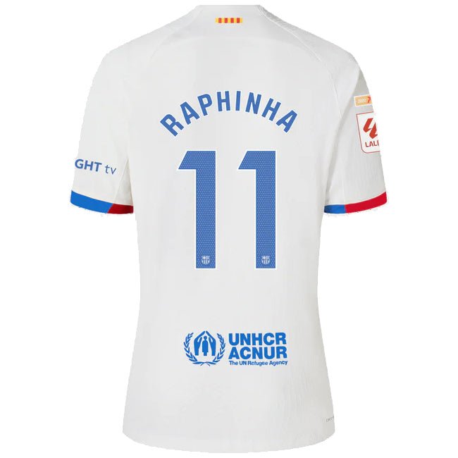 Nike Barcelona Raphinha Authentic Match Away Jersey 23/24 w/ LaLiga Patches (White/Royal Blue) | SoccerWearhouse
