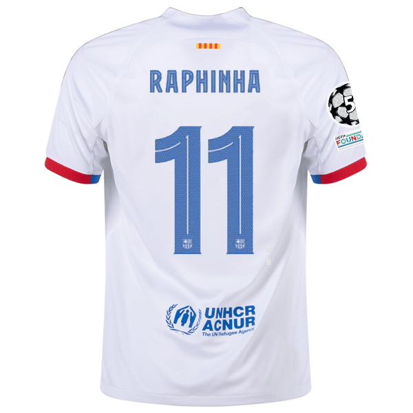 Nike Barcelona Raphinha Away Jersey w/ Champions League Patches 23/24 (White/Royal Blue) | SoccerWearhouse