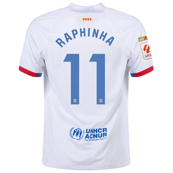 Nike Barcelona Raphinha Away Jersey w/ La Liga Champions Patches 23/24 (White/Royal Blue) | SoccerWearhouse