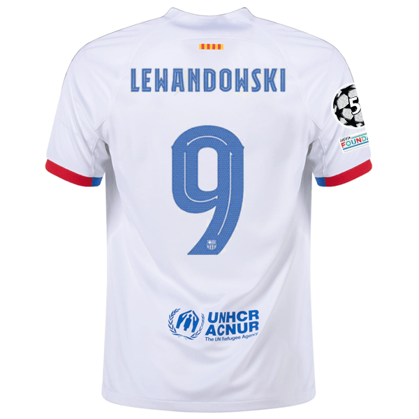 Nike Barcelona Robert Lewandowski Away Jersey w/ Champions League Patches 23/24 (White/Royal Blue) | SoccerWearhouse