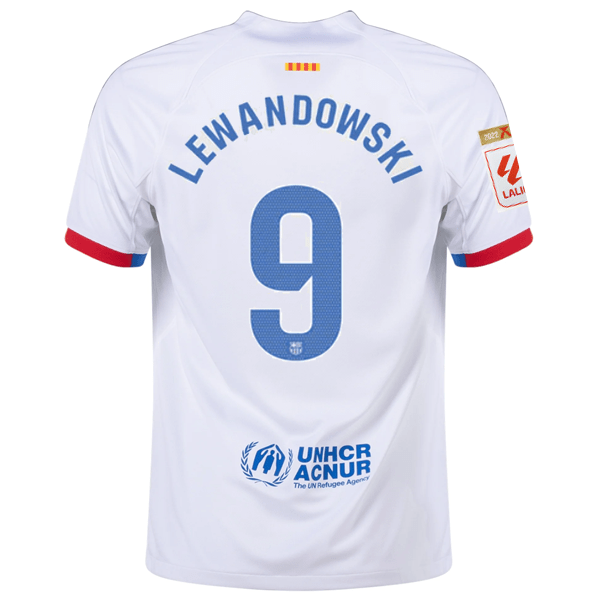 Nike Barcelona Robert Lewandowski Away Jersey w/ La Liga Champions Patches 23/24 (White/Royal Blue) | SoccerWearhouse