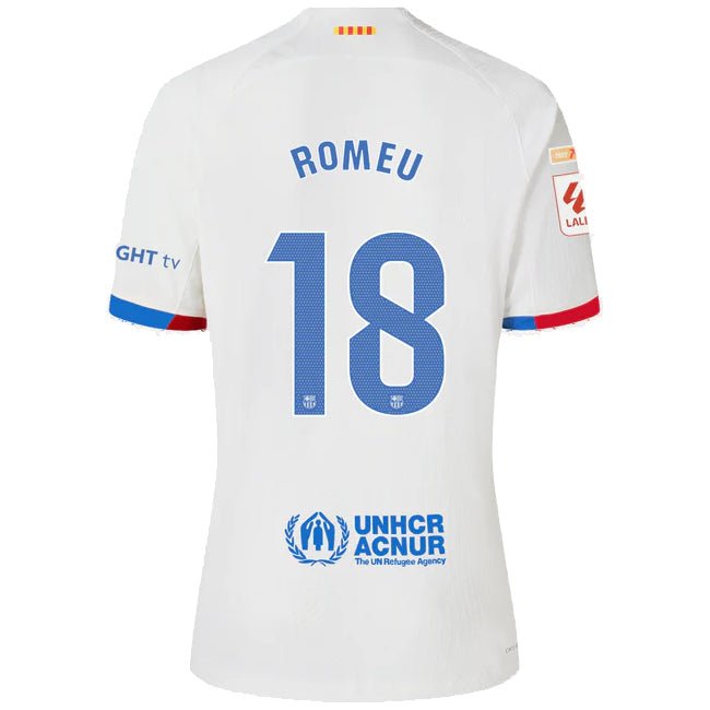 Nike Barcelona Romeu Authentic Match Away Jersey 23/24 w/ LaLiga Patches (White/Royal Blue) | SoccerWearhouse