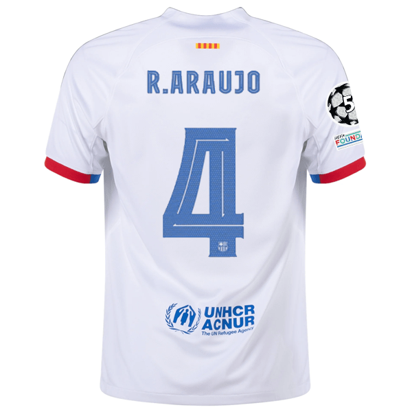 Nike Barcelona Ronald Araujo Away Jersey w/ Champions League Patches 23/24 (White/Royal Blue) | SoccerWearhouse