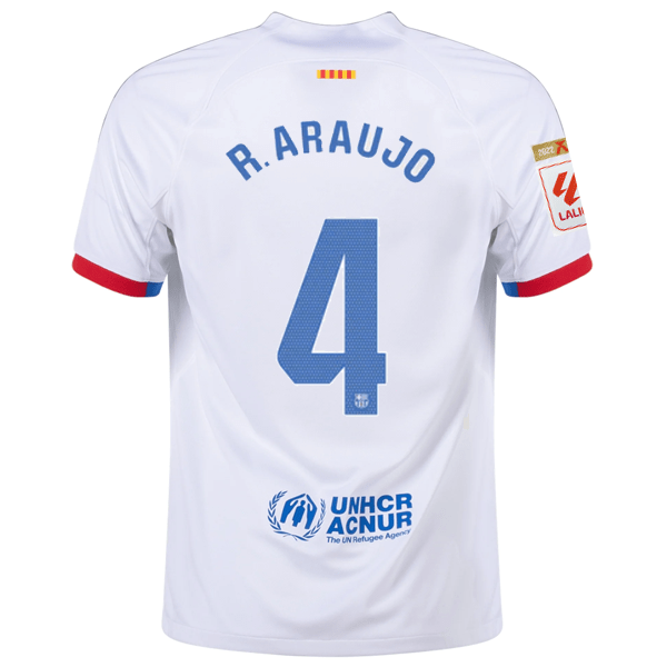 Nike Barcelona Ronald Araujo Away Jersey w/ La Liga Champions Patches 23/24 (White/Royal Blue) | SoccerWearhouse