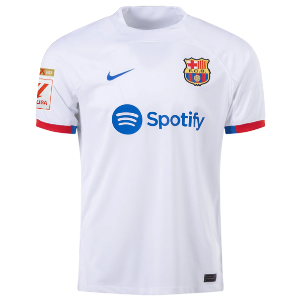 Nike Barcelona Ronald Araujo Away Jersey w/ La Liga Champions Patches 23/24 (White/Royal Blue) | SoccerWearhouse