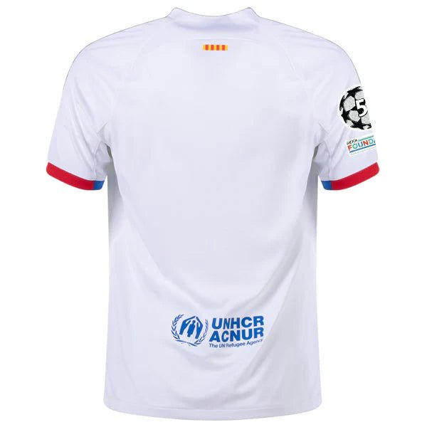 Nike Barcelona Vaporknit Match Away Jersey w/ Champions League Patches 23/24 (White/Royal Blue) | SoccerWearhouse