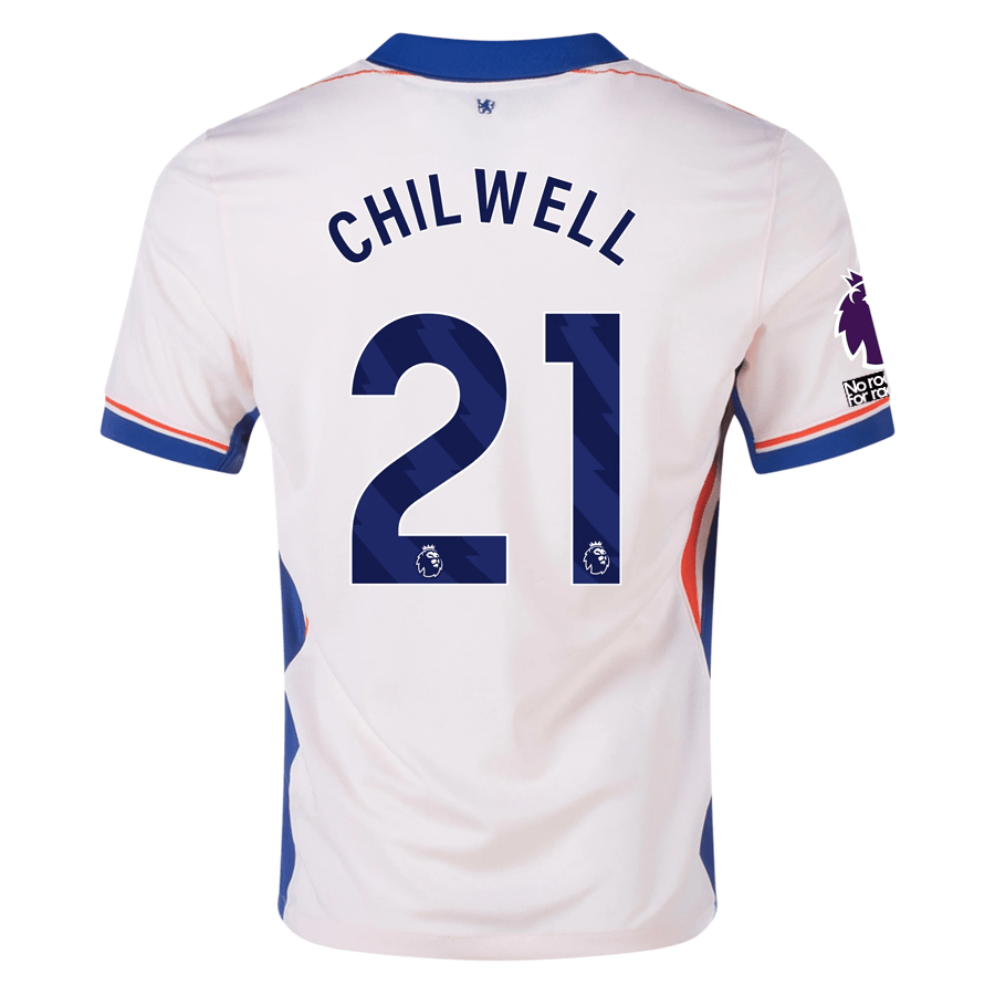 Nike Chelsea Ben Chilwell Away Jersey w/ EPL + No Room For Racism Patches 24/25 (Guava Ice/Rush Blue) | SoccerWearhouse