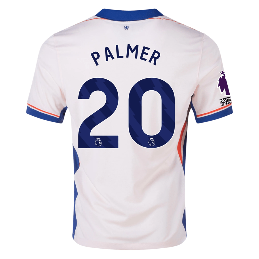 Nike Chelsea Cole Palmer Away Jersey w/ EPL + No Room For Racism Patches 24/25 (Guava Ice/Rush Blue) | SoccerWearhouse