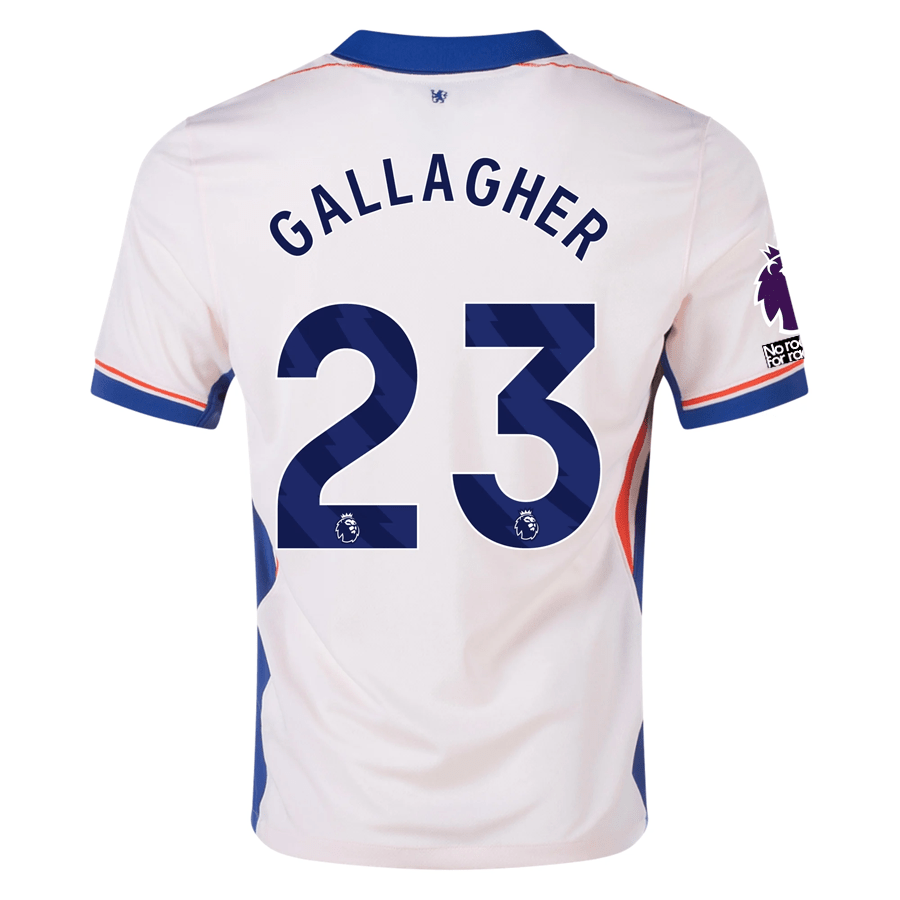 Nike Chelsea Connor Gallagher Away Jersey w/ EPL + No Room For Racism Patches 24/25 (Guava Ice/Rush Blue) | SoccerWearhouse
