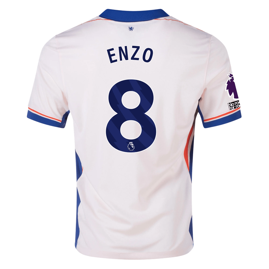 Nike Chelsea Enzo Fernandez Away Jersey w/ EPL + No Room For Racism Patches 24/25 (Guava Ice/Rush Blue) | SoccerWearhouse