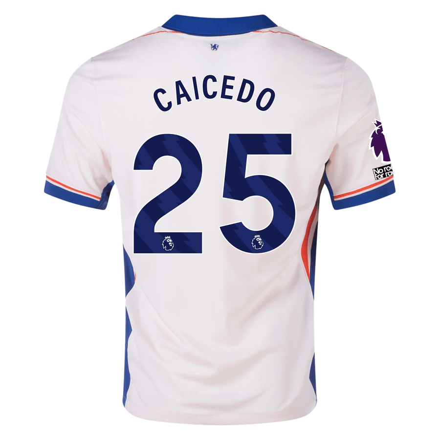 Nike Chelsea Moises Caicedo Away Jersey w/ EPL + No Room For Racism Patches 24/25 (Guava Ice/Rush Blue) | SoccerWearhouse