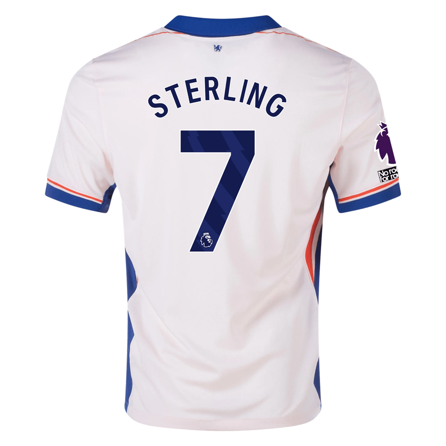 Nike Chelsea Raheem Sterling Away Jersey w/ EPL + No Room For Racism Patches 24/25 (Guava Ice/Rush Blue) | SoccerWearhouse