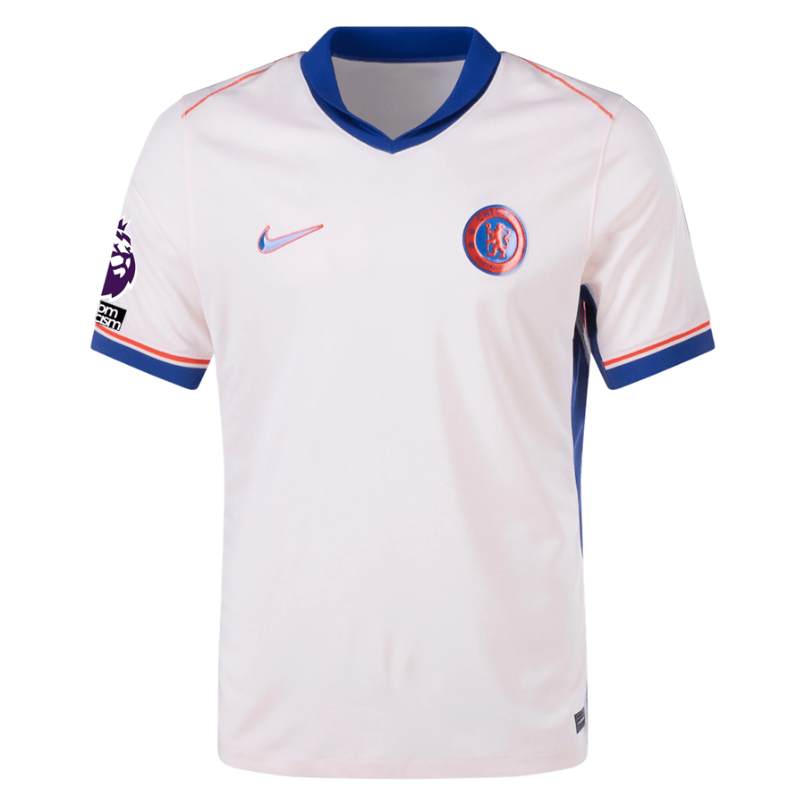 Nike Chelsea Moises Caicedo Away Jersey w/ EPL + No Room For Racism Patches 24/25 (Guava Ice/Rush Blue) | SoccerWearhouse