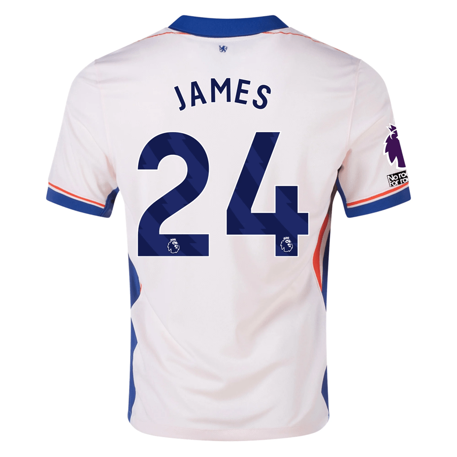 Nike Chelsea Reece James Away Jersey w/ EPL + No Room For Racism Patches 24/25 (Guava Ice/Rush Blue) | SoccerWearhouse