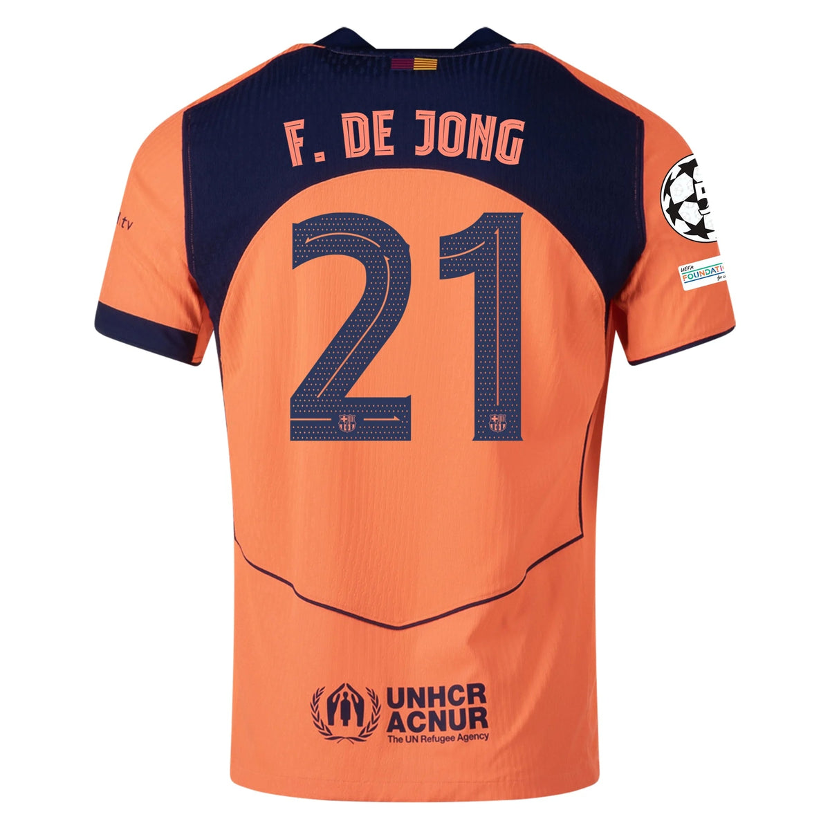 Nike Frenkie De Jong FC Barcelona Third T90 Authentic Jersey 25/26 w/ Champions League Patches (Mango/Navy) | SoccerWearhouse