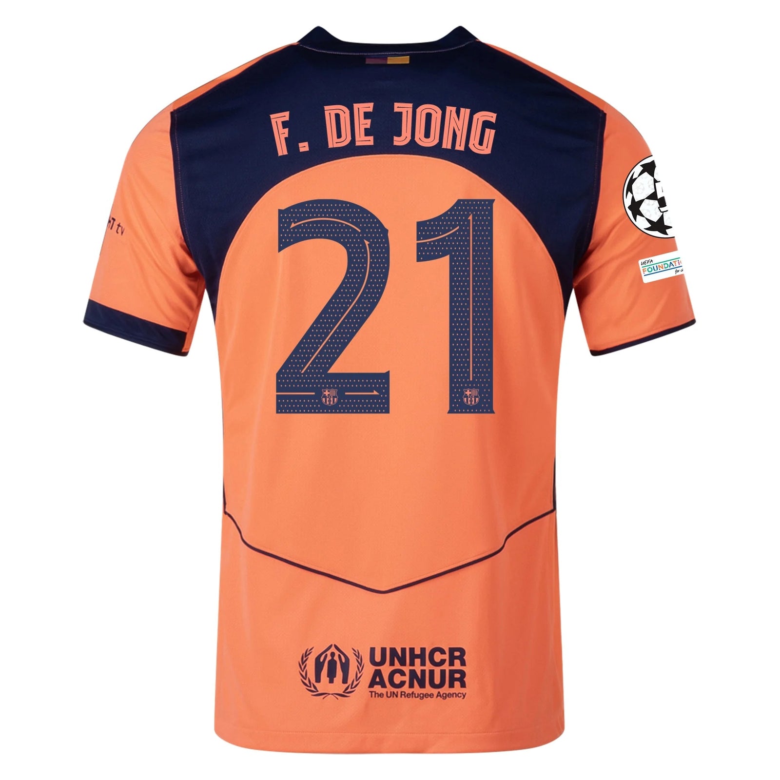 Nike Frenkie De Jong Men's FC Barcelona T90 Third Jersey 25/26 w/ Champions League Patches (Mango/Navy) | SoccerWearhouse
