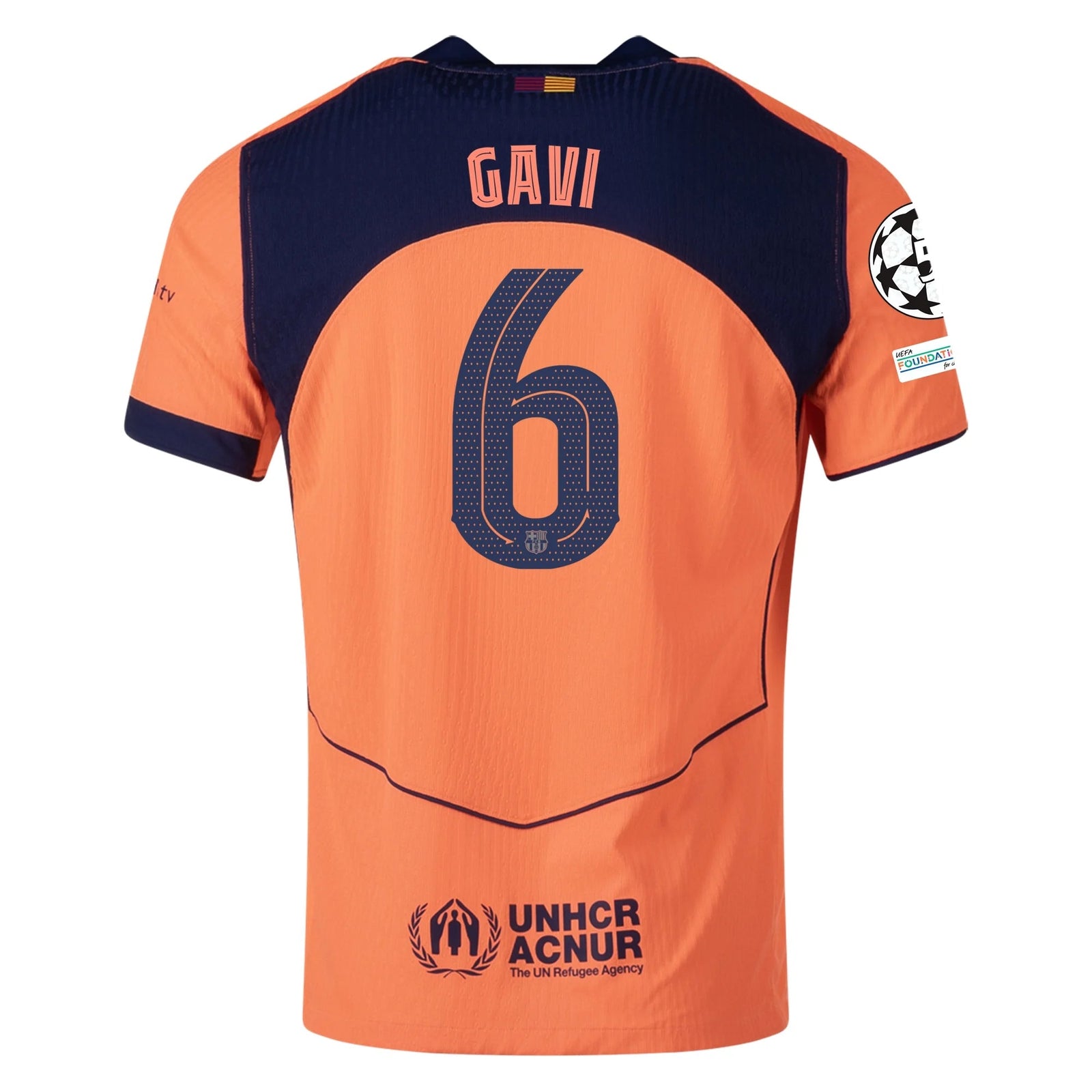 Nike Gavi FC Barcelona Third T90 Authentic Jersey 25/26 w/ Champions League Patches (Mango/Navy) | SoccerWearhouse