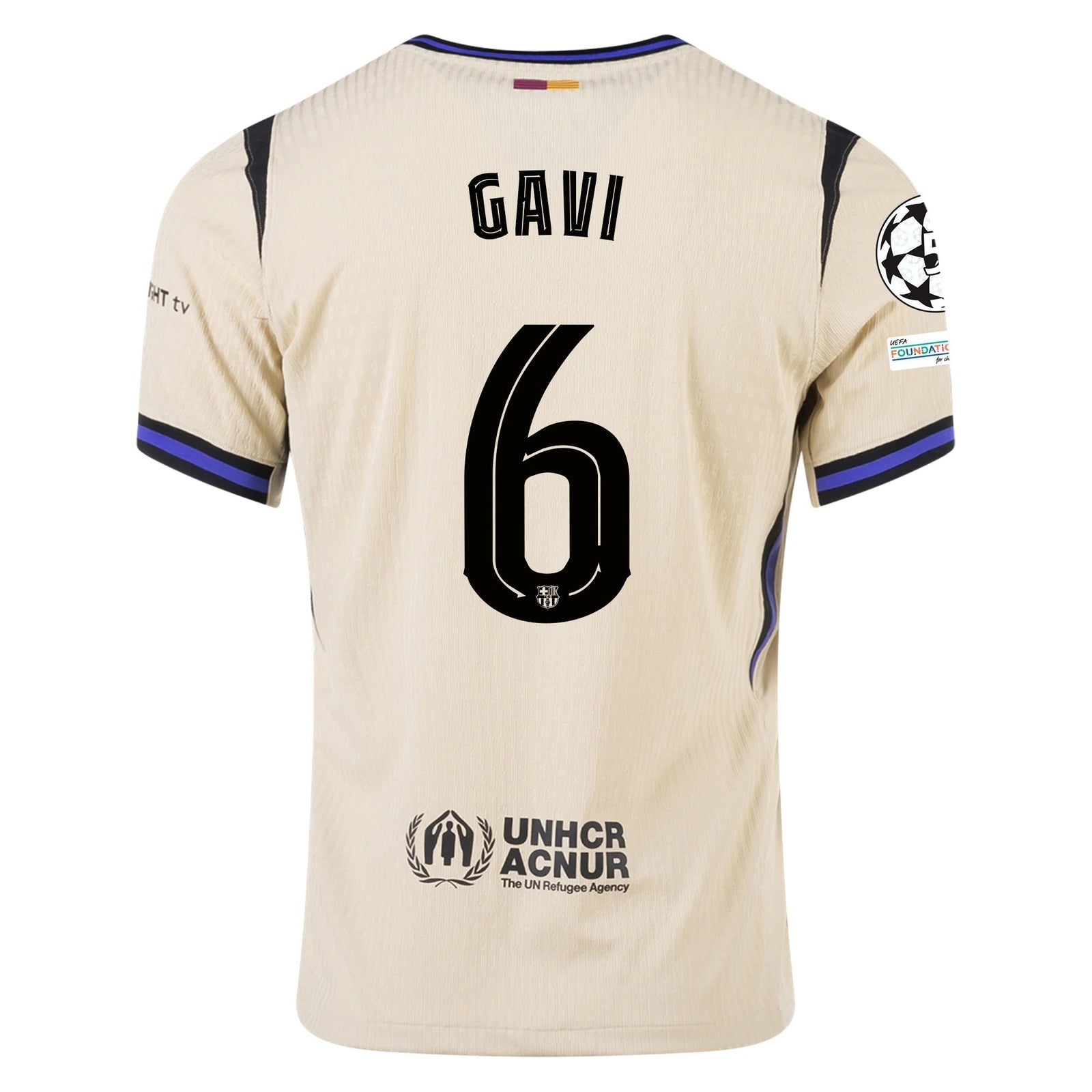 Nike Gavi Men's FC Barcelona Authentic Away Jersey w/ Champions League Patches (Team Gold/Persian Violet/Black) | SoccerWearhouse