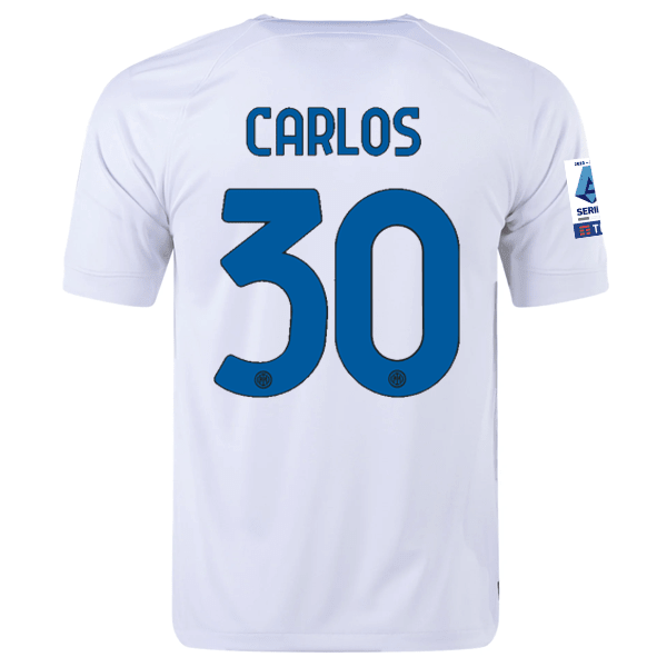 Nike Inter Milan Carlos Away Jersey w/ Series A + Copa Italia Patches 23/24 (White/Lyon Blue) | SoccerWearhouse