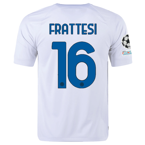 Nike Inter Milan Davide Frattesi Away Jersey w/ Champions League + Copa Italia Patches 23/24 (White/Lyon Blue) | SoccerWearhouse