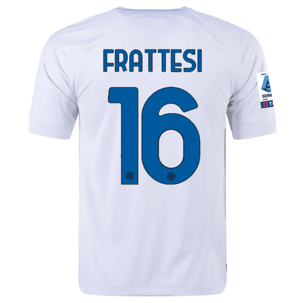 Nike Inter Milan Davide Frattesi Away Jersey w/ Series A + Copa Italia Patches 23/24 (White/Lyon Blue) | SoccerWearhouse