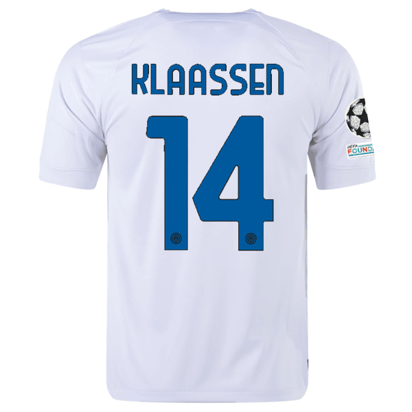 Nike Inter Milan Davy Klaassen Away Jersey w/ Champions League + Copa Italia Patches 23/24 (White/Lyon Blue) | SoccerWearhouse