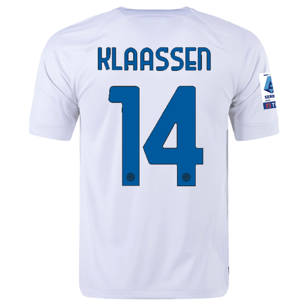 Nike Inter Milan Davy Klaassen Away Jersey w/ Series A + Copa Italia Patches 23/24 (White/Lyon Blue) | SoccerWearhouse