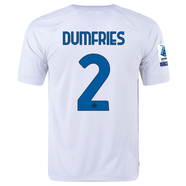 Nike Inter Milan Denzel Dumfries Away Jersey w/ Series A + Copa Italia Patches 23/24 (White/Lyon Blue) | SoccerWearhouse