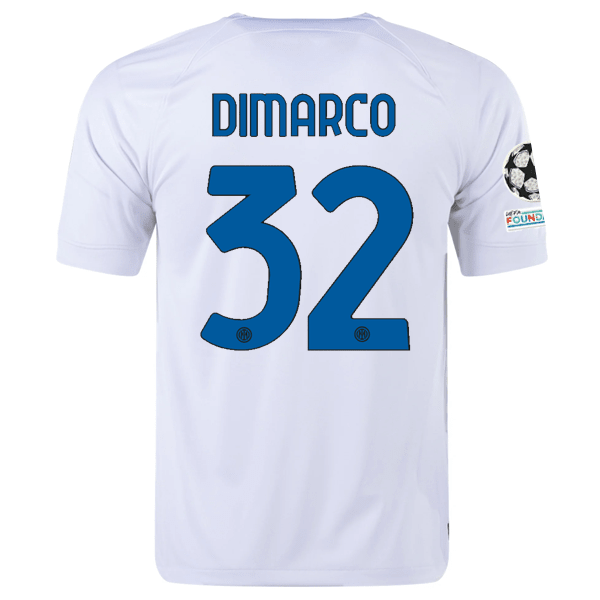 Nike Inter Milan Federico Dimarco Away Jersey w/ Champions League + Copa Italia Patches 23/24 (White/Lyon Blue) | SoccerWearhouse