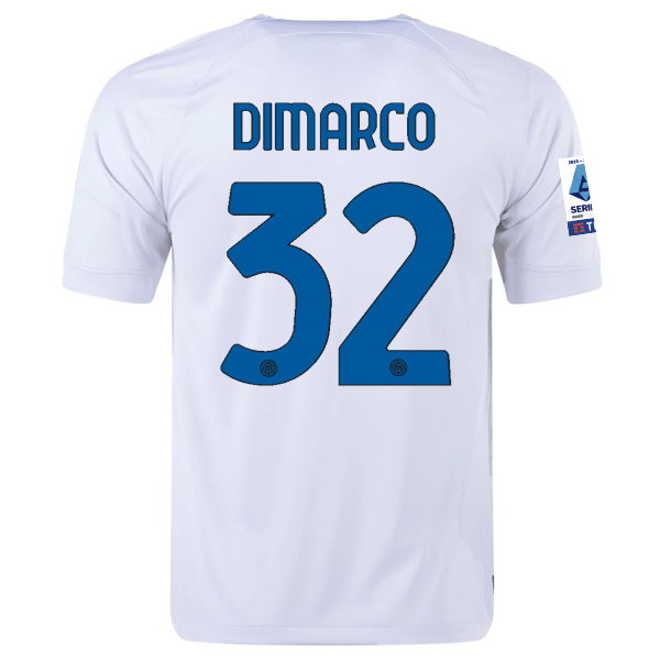 Nike Inter Milan Federico Dimarco Away Jersey w/ Series A + Copa Italia Patches 23/24 (White/Lyon Blue) | SoccerWearhouse