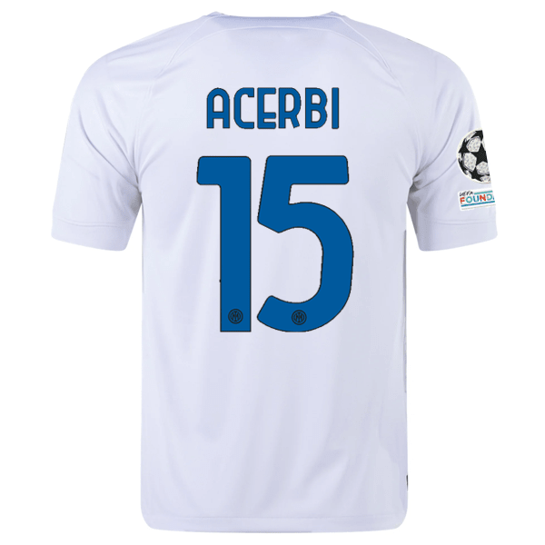 Nike Inter Milan Francesco Acerbi Away Jersey w/ Champions League + Copa Italia Patches 23/24 (White/Lyon Blue) | SoccerWearhouse