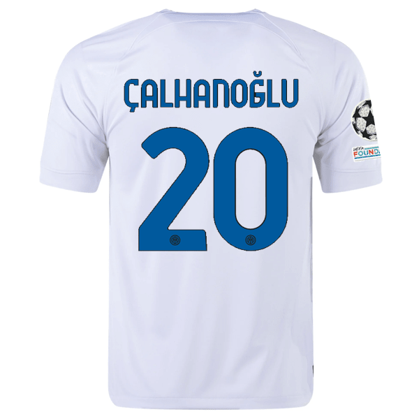 Nike Inter Milan Hakan Çalhanoğlu Away Jersey w/ Champions League + Copa Italia Patches 23/24 (White/Lyon Blue) | SoccerWearhouse