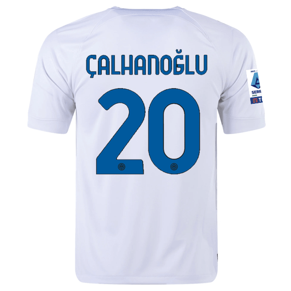 Nike Inter Milan Hakan Çalhanoğlu Away Jersey w/ Series A + Copa Italia Patches 23/24 (White/Lyon Blue) | SoccerWearhouse