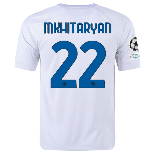 Nike Inter Milan Henrikh Mkhitaryan Away Jersey w/ Champions League + Copa Italia Patches 23/24 (White/Lyon Blue) | SoccerWearhouse
