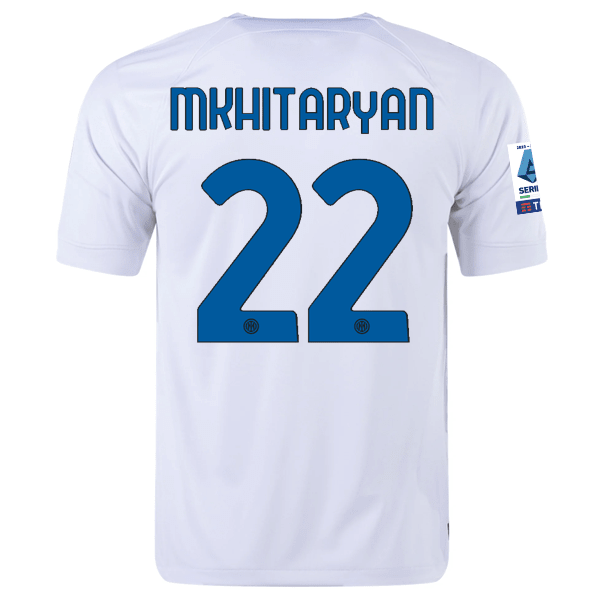 Nike Inter Milan Henrikh Mkhitaryan Away Jersey w/ Series A + Copa Italia Patches 23/24 (White/Lyon Blue) | SoccerWearhouse