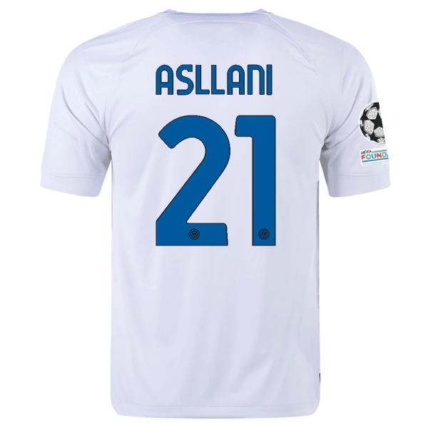 Nike Inter Milan Kristjan Asllani Away Jersey w/ Champions League + Copa Italia Patches 23/24 (White/Lyon Blue) | SoccerWearhouse