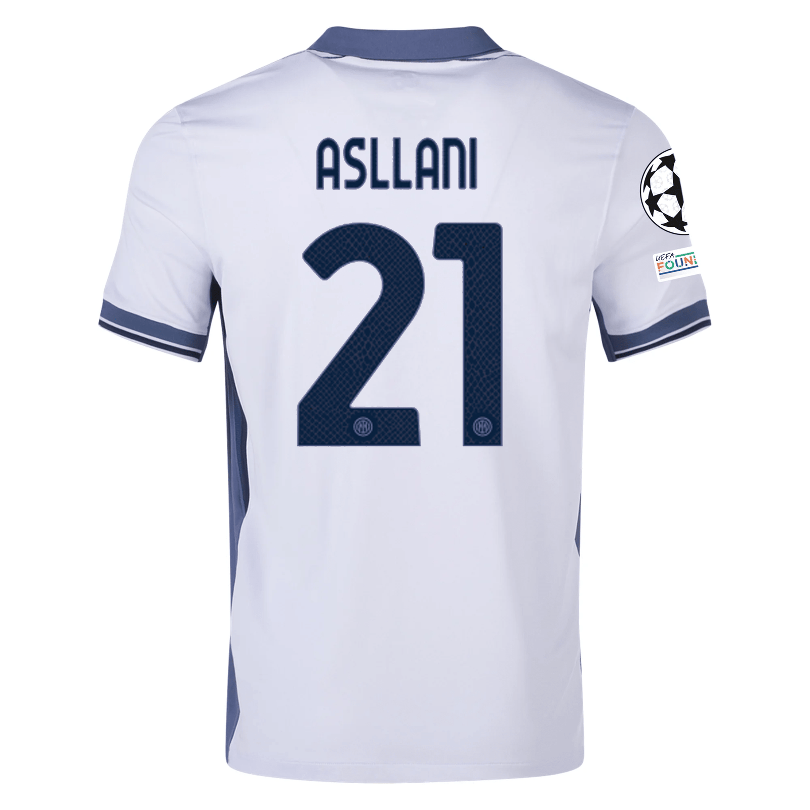 Nike Inter Milan Kristjan Asllani Away Jersey w/ Champions League + Scudetto Patch 24/25 (Summit White/Iris Whisper) | SoccerWearhouse