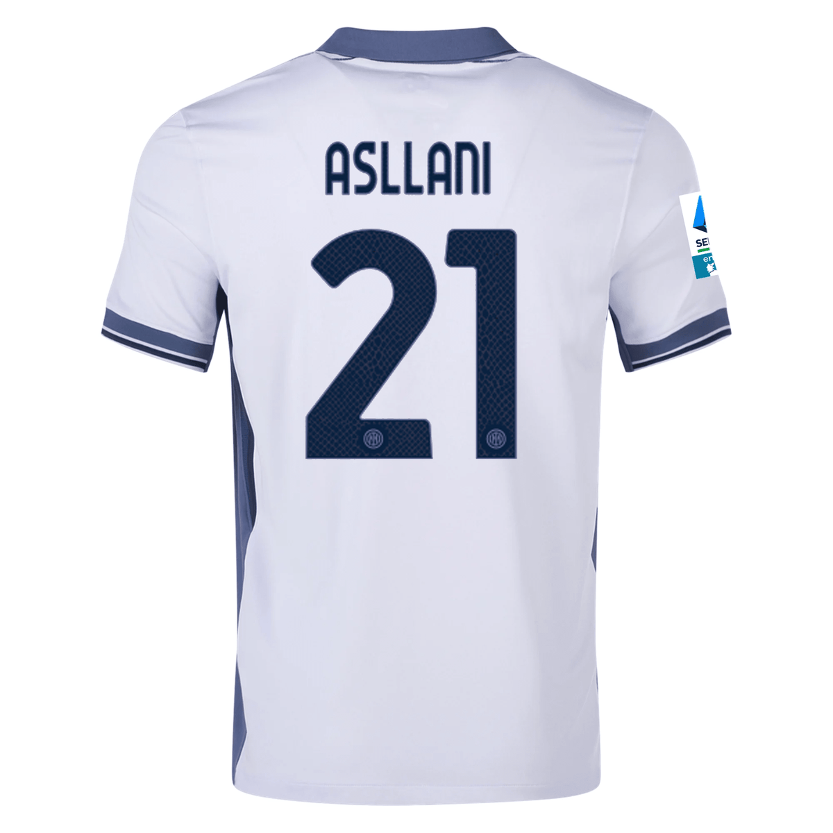 Nike Inter Milan Kristjan Asllani Away Jersey w/ Serie A + Scudetto Patch 24/25 (Summit White/Iris Whisper) | SoccerWearhouse
