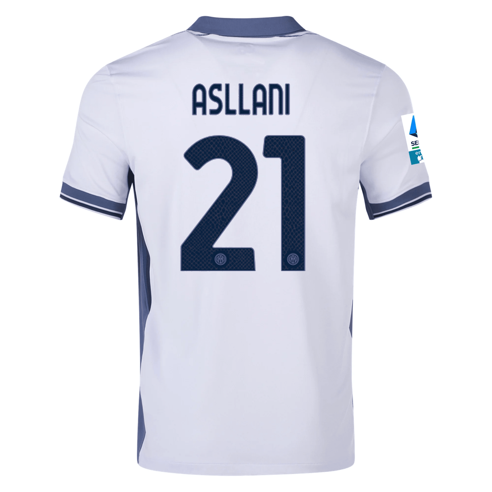 Nike Inter Milan Kristjan Asllani Away Jersey w/ Serie A + Scudetto Patch 24/25 (Summit White/Iris Whisper) | SoccerWearhouse
