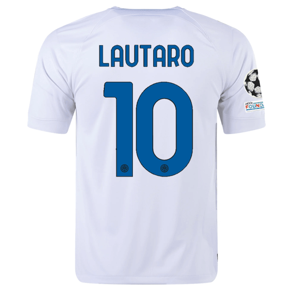 Nike Inter Milan Lautaro Martinez Away Jersey w/ Champions League + Copa Italia Patches 23/24 (White/Lyon Blue) | SoccerWearhouse