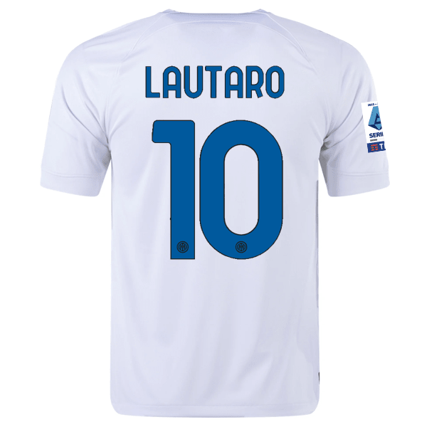 Nike Inter Milan Lautaro Martinez Away Jersey w/ Series A + Copa Italia Patches 23/24 (White/Lyon Blue) | SoccerWearhouse