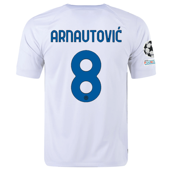 Nike Inter Milan Marco Arnautovic Away Jersey w/ Champions League + Copa Italia Patches 23/24 (White/Lyon Blue) | SoccerWearhouse