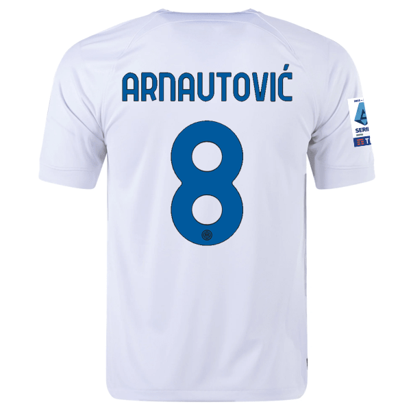 Nike Inter Milan Marco Arnautovic Away Jersey w/ Series A + Copa Italia Patches 23/24 (White/Lyon Blue) | SoccerWearhouse