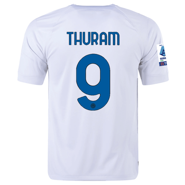 Nike Inter Milan Marcus Thuram Away Jersey w/ Series A + Copa Italia Patches 23/24 (White/Lyon Blue) | SoccerWearhouse