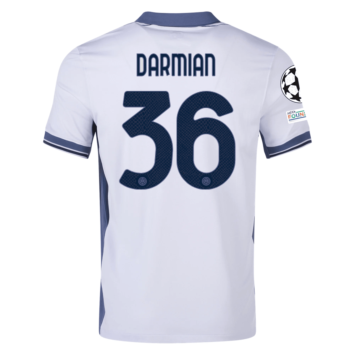 Nike Inter Milan Matteo Darmian Away Jersey w/ Champions League + Scudetto Patch 24/25 (Summit White/Iris Whisper) | SoccerWearhouse