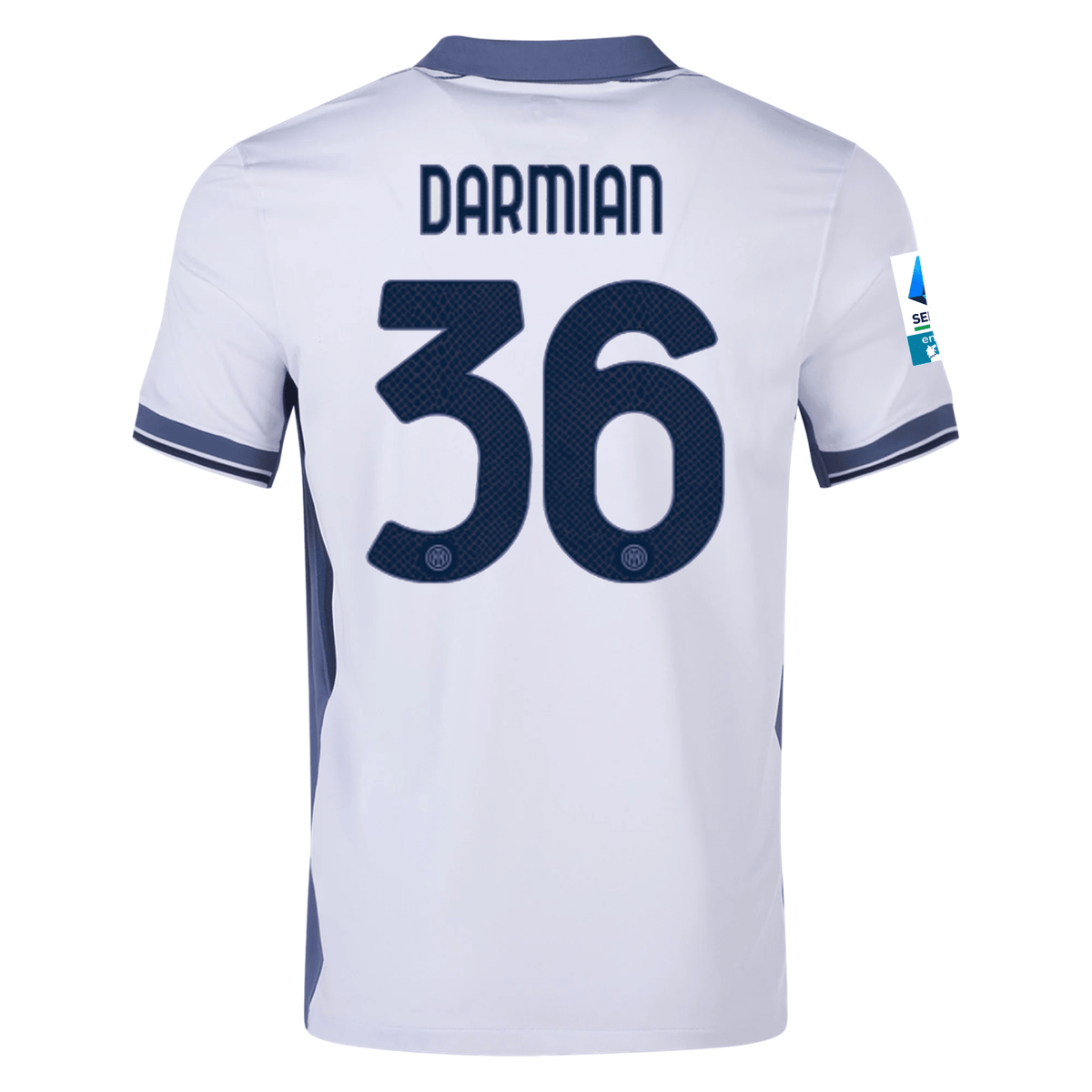 Nike Inter Milan Matteo Darmian Away Jersey w/ Serie A + Scudetto Patch 24/25 (Summit White/Iris Whisper) | SoccerWearhouse