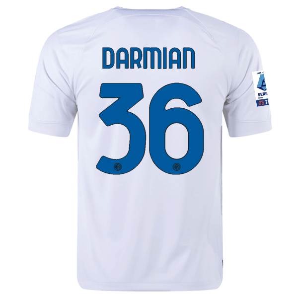 Nike Inter Milan Matteo Darmian Away Jersey w/ Series A + Copa Italia Patches 23/24 (White/Lyon Blue) | SoccerWearhouse