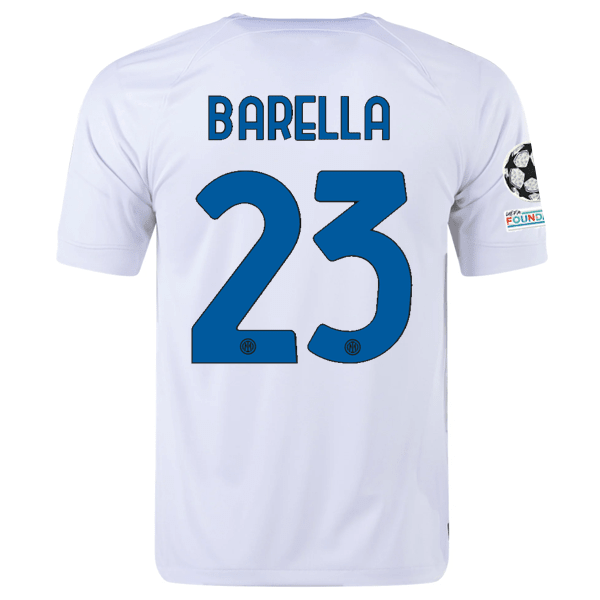 Nike Inter Milan Nicolò Barella Away Jersey w/ Champions League + Copa Italia Patches 23/24 (White/Lyon Blue) | SoccerWearhouse