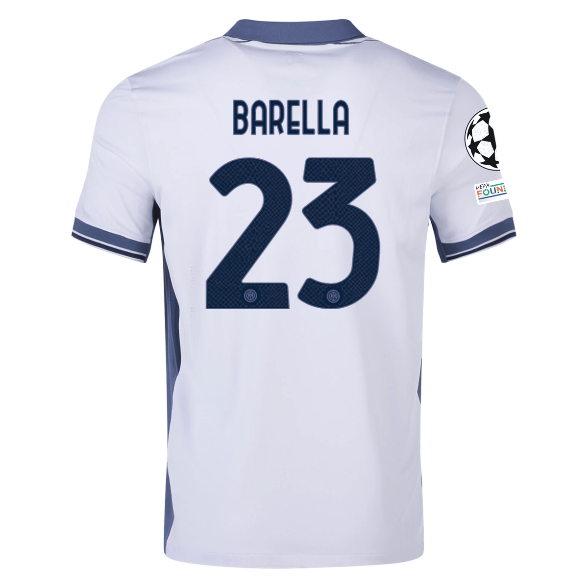 Nike Inter Milan Nicolò Barella Away Jersey w/ Champions League + Scudetto Patch 24/25 (Summit White/Iris Whisper) | SoccerWearhouse
